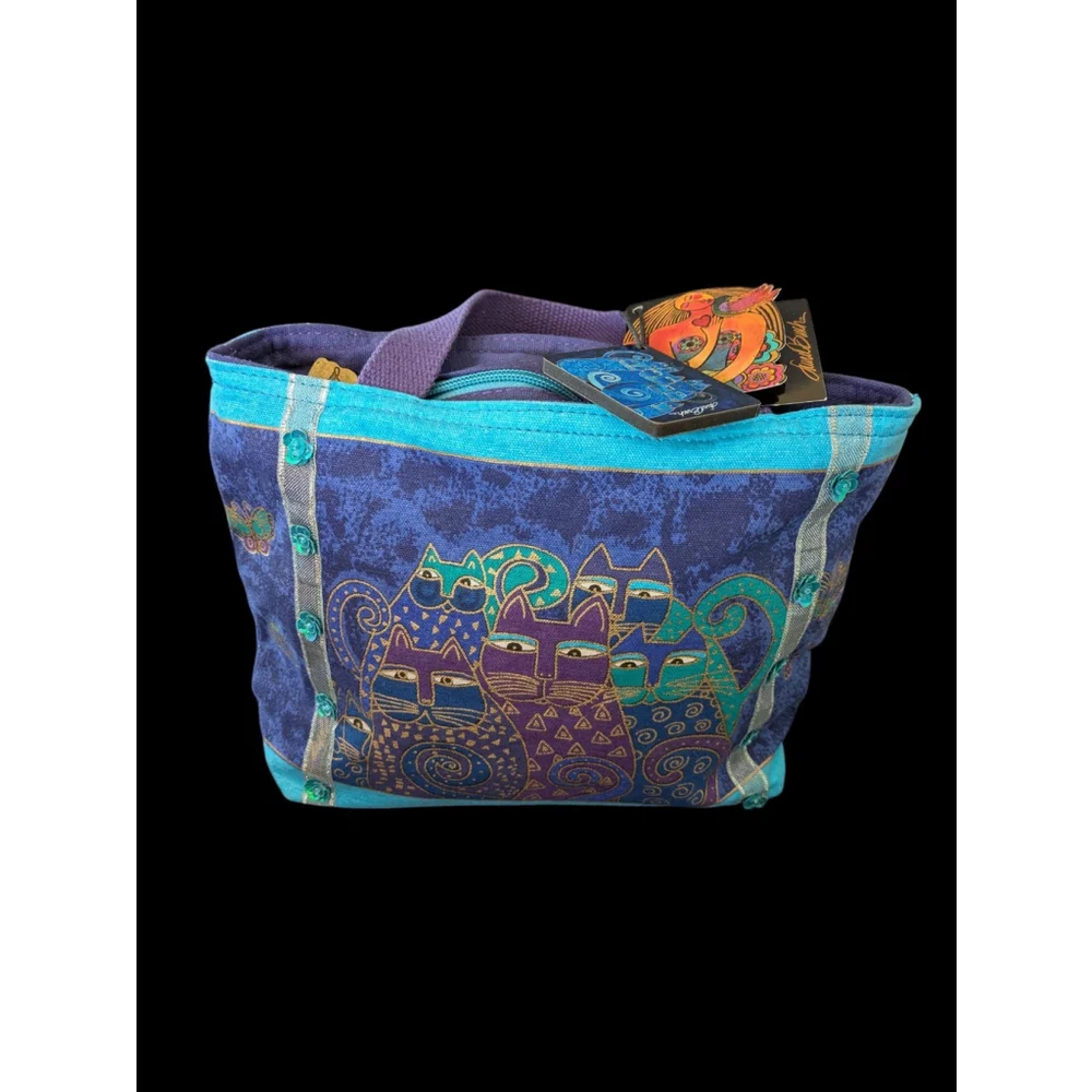 Small Laurel Burch Indigo Cats Double Handle Square Shaped Canvas Tote Bag